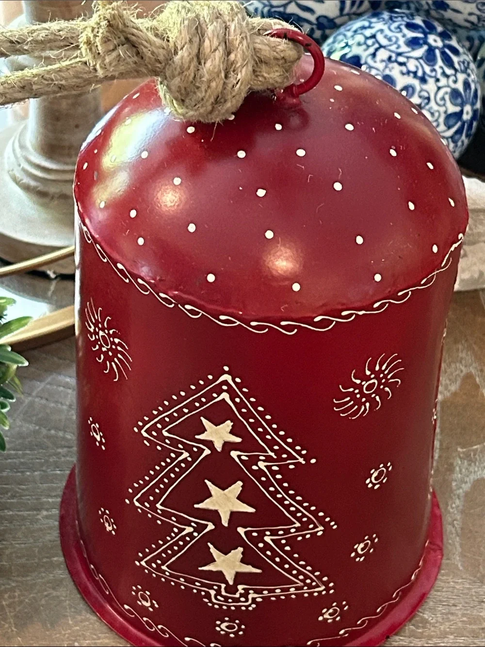 NEW! Vintage Inspired Winter Holiday Red Hand Painted Metal Bell Jute Rope